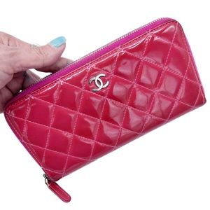 CHANEL Patent Quilted Zip Around Long Wallet Pink Salmon 14 Series (2011)